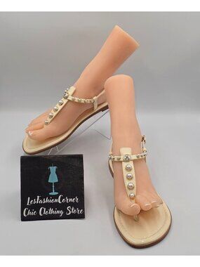 Sam Edelman Women's Cream Patent Leather Gold Pearl Gigi Thong Sandals Sz 9 3828